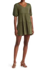 Brand New Women LOVE ADY Olive Tiered Puff Sleeve Dress Large
