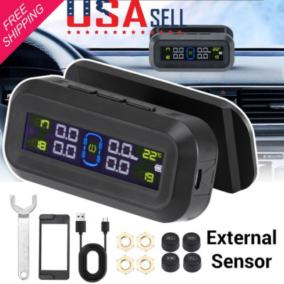 LCD Wireless Solar TPMS Car Tire Pressure Monitoring System 4 External Sensors