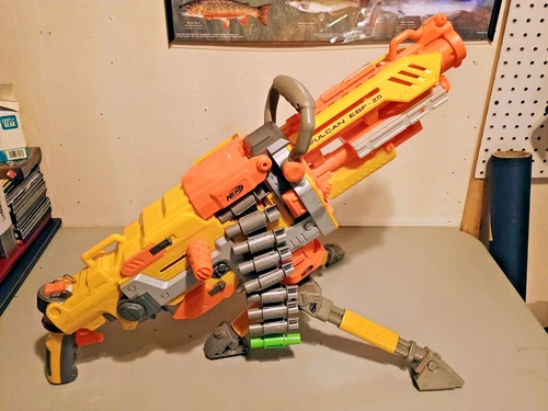 Nerf N-Strike Vulcan EBF-25 Blaster with Tripod Ammo Belt Box Working Condition
