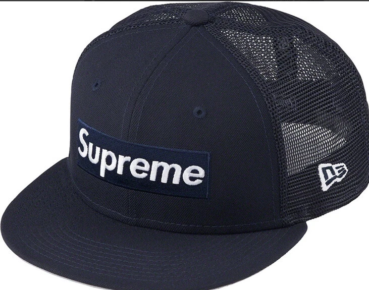 SUPREME BOX LOGO MESH BACK NEW ERA NAVY HAT/ SIZE 7 1/8 SS23 WEEK 7/  AUTHENTIC