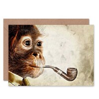 Photo Painting Monkey Smoking Pipe Funny Blank Greeting Card With Envelope