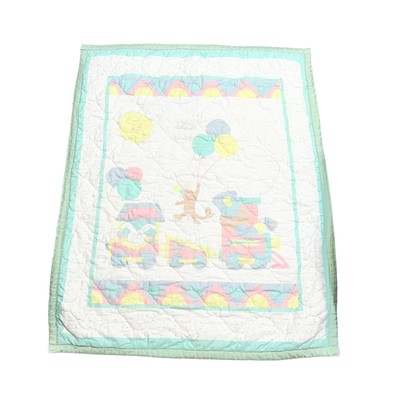 Baby Quilt Alphabet Nursery Animals Cotton Monkey Bear Train Child Green Yellow