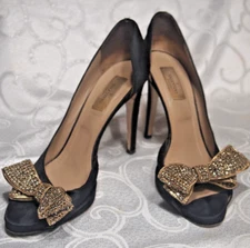 Valentino Garavani Black Gold Rhinestone Bow Satin HIGH Heel Size EU 39 / US 8.5