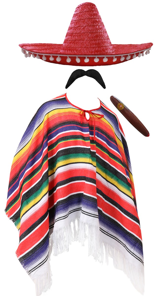 MEXICAN PONCHO SOMBRERO CIGAR MENS MEXICO FANCY DRESS COSTUME STAG