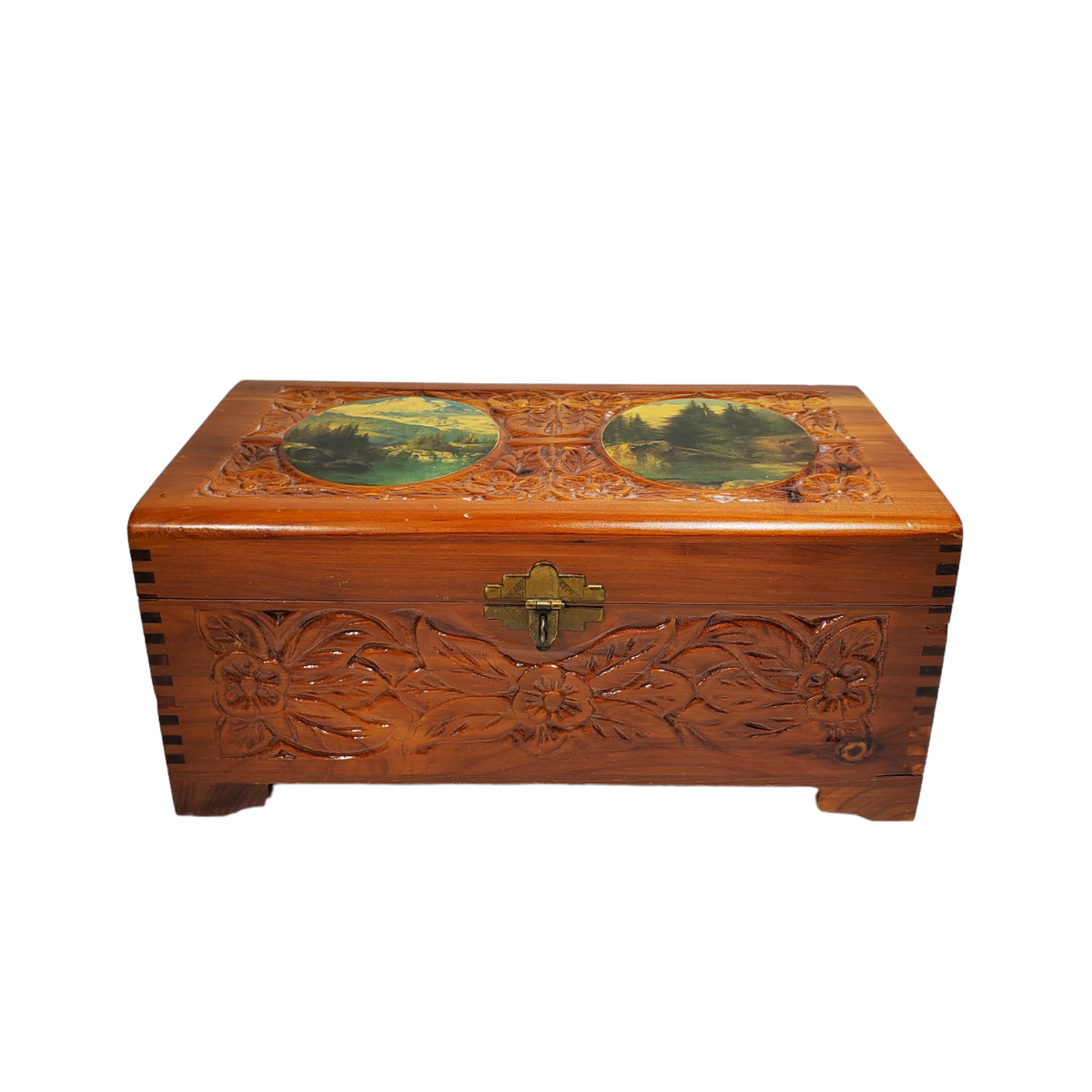 VTG 1980s Carved Wood Trunk w/Mirror 11x6x5 Lacquered Lake Scene