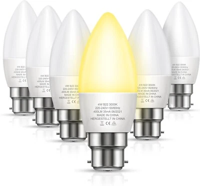 FULIGHTURE LED Bayonet Candle B22 Light Bulbs 6 pack 40W Lamp Warm White 4W Energy Saving