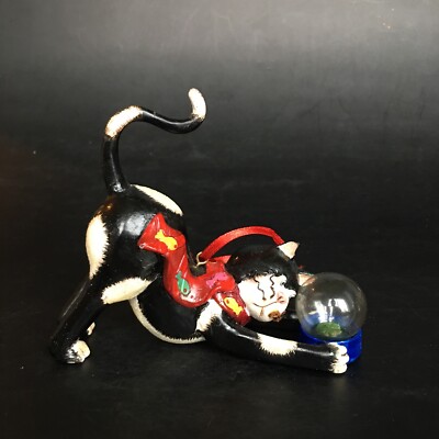 Folk Art Black White Kitty Cat with Fish Tank Christmas Ornament 3.75''