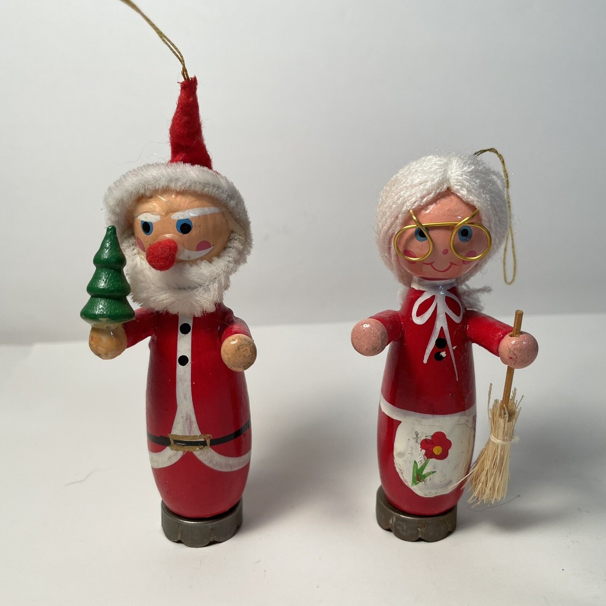 Wood Christmas Ornaments Santa Claus and Mrs Claus Made In Taiwan