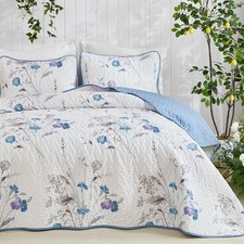 Blue Floral Quilt Set King Size, 3 Pieces Botanical Plants Pattern Bedspread ...