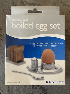 Kitchen Craft Boiled Egg Set Stainless Steel Egg Cup Salt Shaker Spoon NEW