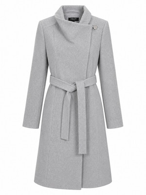 Kenneth Cole Damen hellgrau Wollmischung langer Wickelmantel mit Gürtel US 8 UK 12 neu mit Etikett