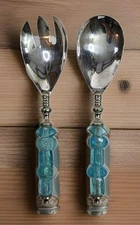 Fork & Spoon Salad Serving Set Ocean Blue Art Glass Beaded Handles 10in Kitsch 