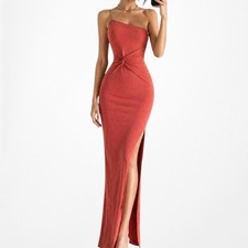 Nookie Orange One Shoulder Pleated Side Slit Bodycon Maxi Formal Dress Size XS