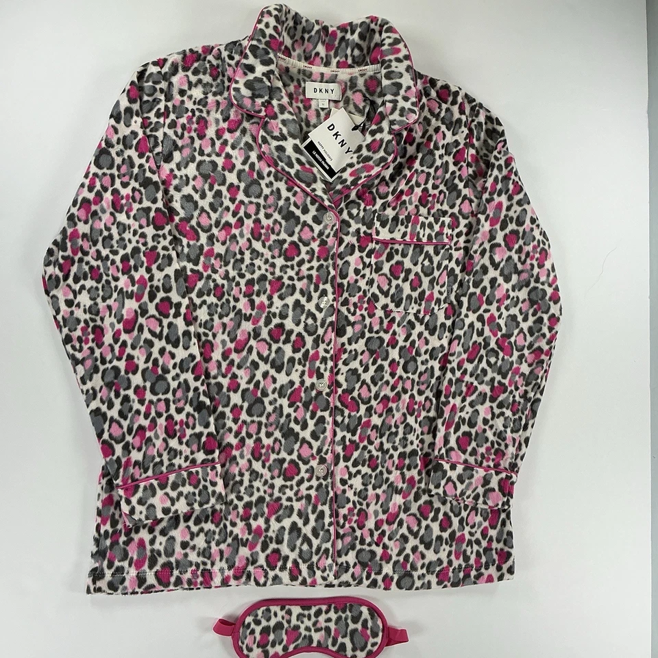 DKNY Women's Microfleece 2-Piece Pajama Set Gray, Pink, Cheetah Print, Size M - Image 2 of 4