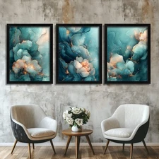 Abstract Floral Wall Art Print Teal Blue Gold Elegant Flower Set Of 3 Prints