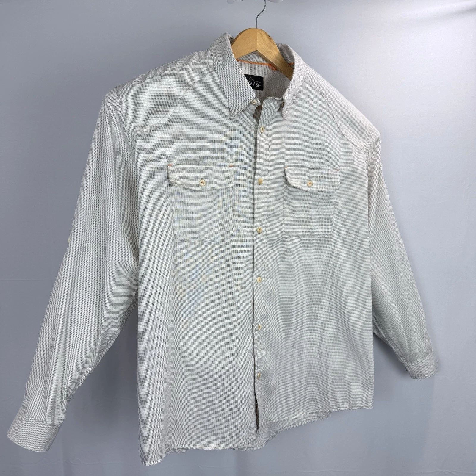 ORVIS Outdoors Button-Up Shirt Mens 2XL Beige Plaid Long Sleeve Keeper Loop