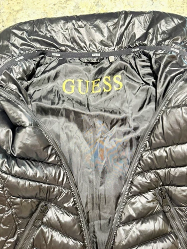 GUESS Women's Black Quilted Puffer Jacket S Short Satin Logo Full Zip - product listing photo