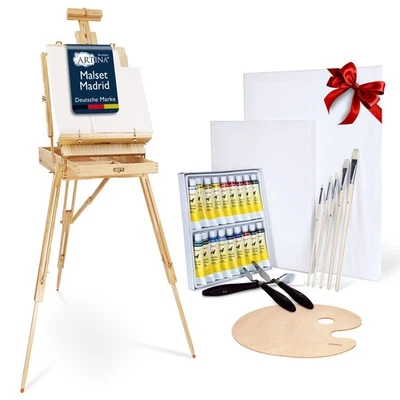 ARTINA Malset Staffelei Tischstaffelei Set Malkoffer Standstaffelei Holzstaffelei 30tlg