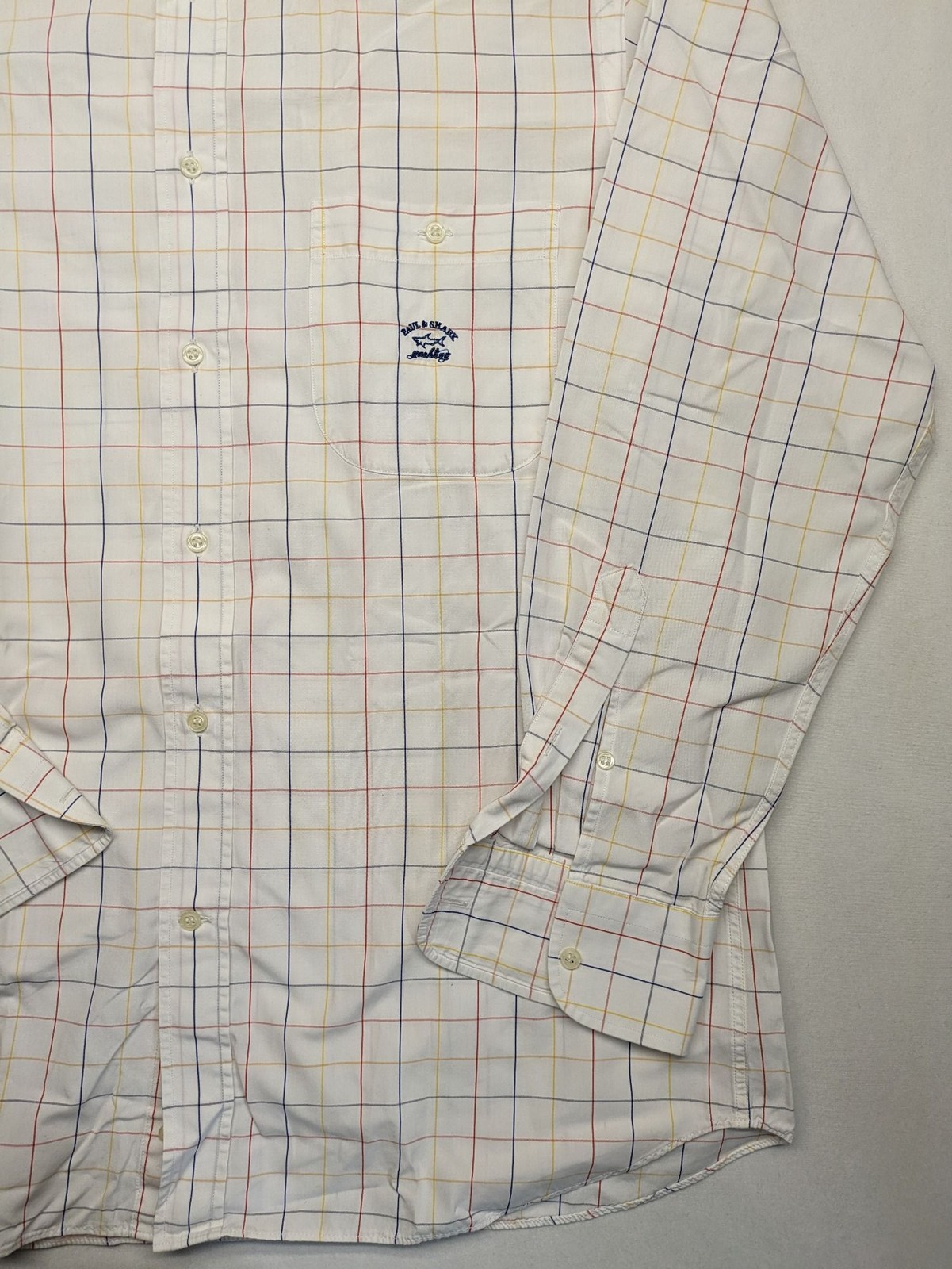 top Paul & Shark Herren Hemd Gr 39 S Langarm Button-Down Weiß Bunt Kariert Logo image 4