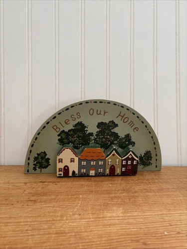 Vintage Hand Painted Wooden Primitive Bless Our Home Plaque Décor Cottagecore