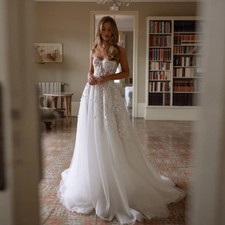 Bohemian Sweetheart Wedding Dress Romantic A-Line Sweep Train Tulle Bride Gown