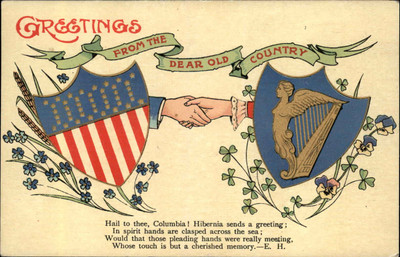 HANDS ACROSS THE SEA America and Ireland Antique Postcard