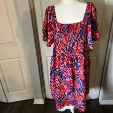 Terra & Sky Smocked Dress 3X Pink Tropical Floral Puff Sleeve Boho Cottagecore