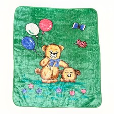 VTG Baby Blanket Teddy Bear Balloons Minky Plush GREEN Puppy Dog 48  x 42"
