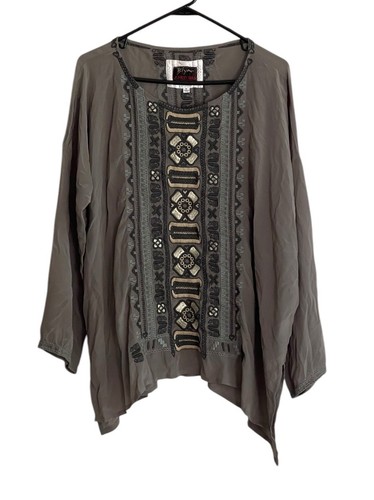 Johnny Was Biya Silk Alka Gray Embroidered Tunic Top Size Large Petite Boho