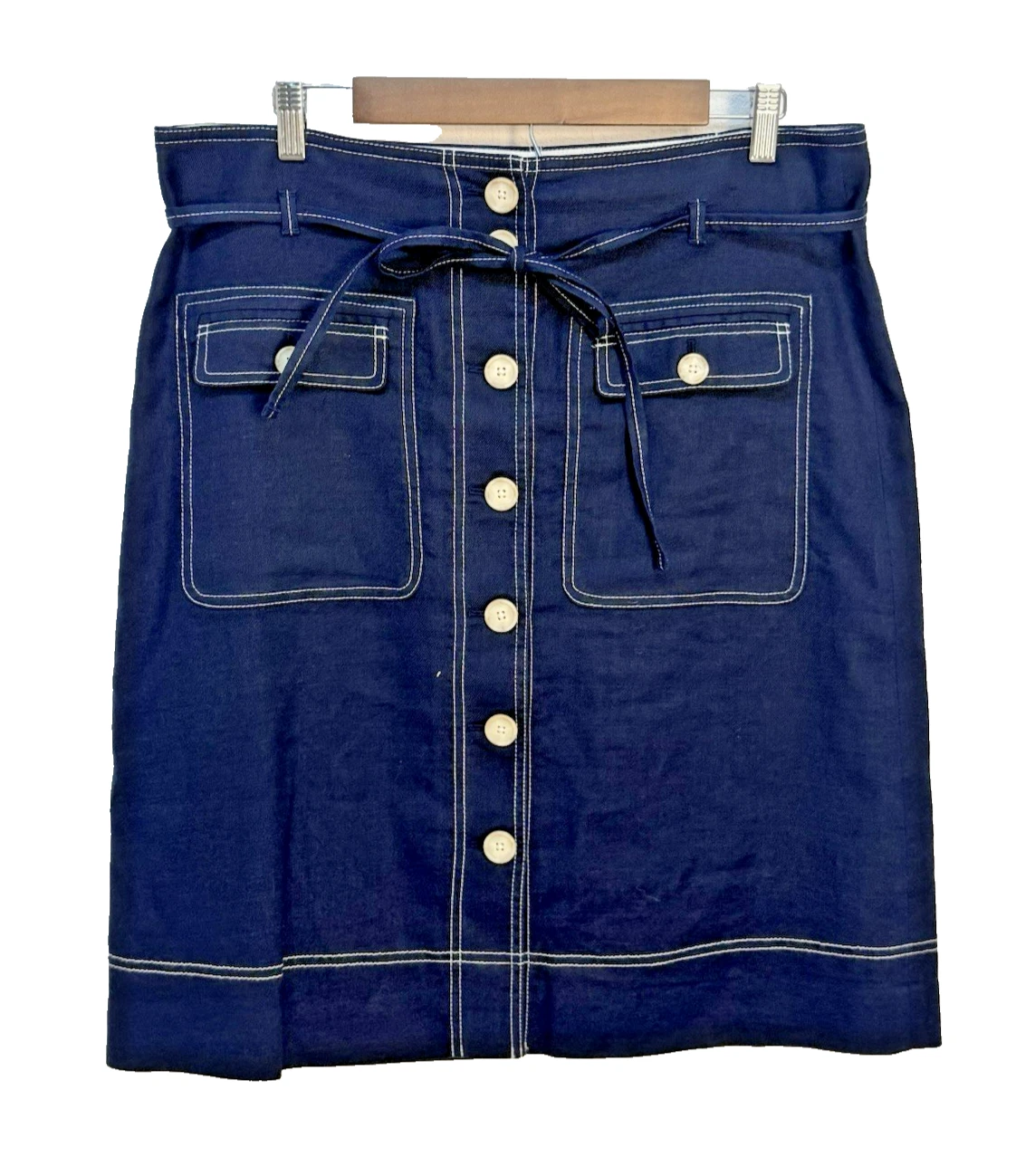 J. Crew Skirt Size 16 Navy Linen Blend Button Front Tie Waist Contrast Stitching