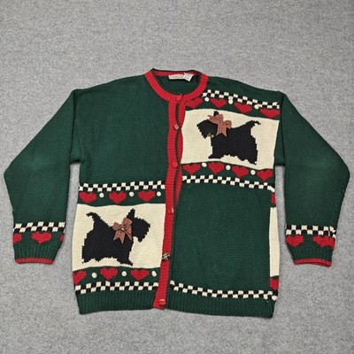Vintage Essential Elements Cardigan Womens Large Green Scottie Dog Christmas