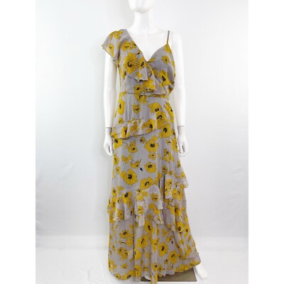 Boohoo Gray Floral Maxi Dress Size 8 Sleeveless Ruffle V-Neck Formal Bohemian 