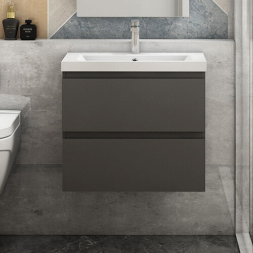 500mm 600mm Wall Hung Grey Bathroom Vanity Unit With Sink Basin Cabinet - Grey Bathroom Sink Cupboard