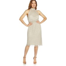 Adrianna Papell Womens Crinkle Metallic Mesh Halter Midi Dress Size 2 NWT