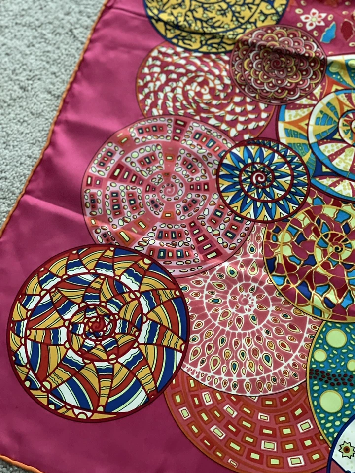 Pinwheel 100% Silk Scarf Pink Multi Colored With Orange Trim Made In France - Image 2 of 4