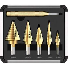 5 Piece Titanium Coated Step Unibit Drill Bit Set with Automatic Center Punch