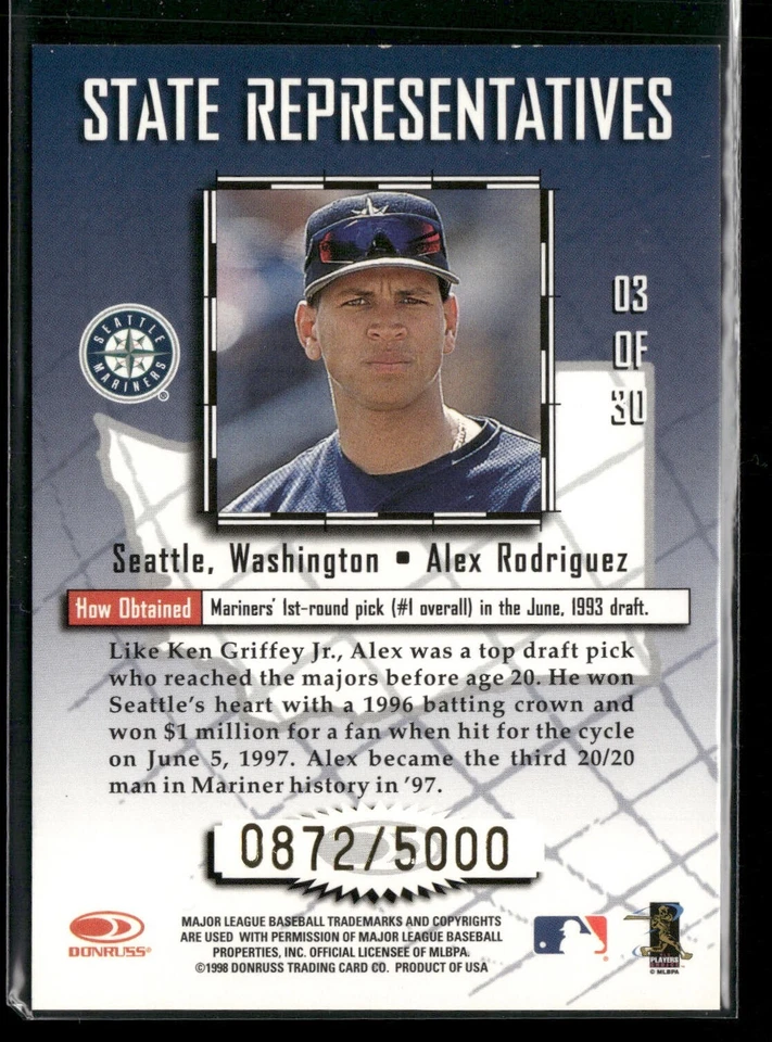 1998 Leaf State Representatives Alex Rodriguez #03 /5000 Mariners - Image 2 of 2
