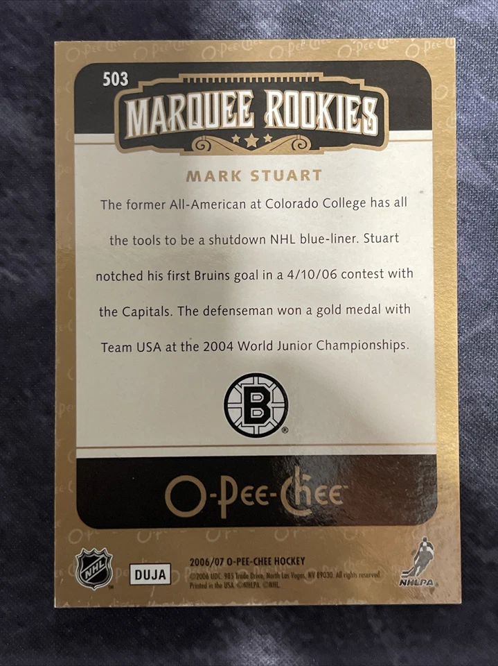 2006-07 O Pee Chee Marquee Rookies 503 Mark Stuart Boston Bruins - Image 2 of 2