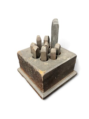 Vtg Machine Cut Steel 1/4  Numbers 0-8 Punch Figures W/ Wood Block (missing #3)