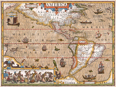 Decorative 1606 North South America Map Ships Beasts Hondius Poster Print Decor