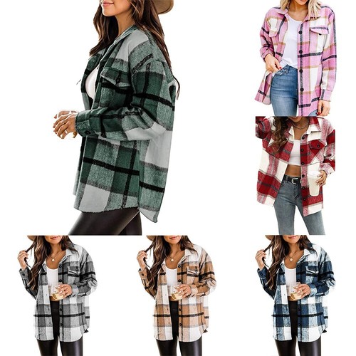 Warm Woolen Jacket Shacket Baggy Tartan Tops Check Fleece Winter Coat for Women - Picture 4 of 17