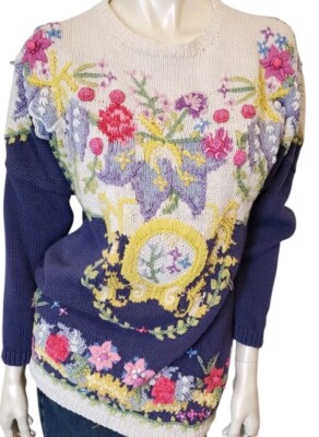 Vintage Hand Knit Cullinane Womans Sweater Large Pullover Colorful 