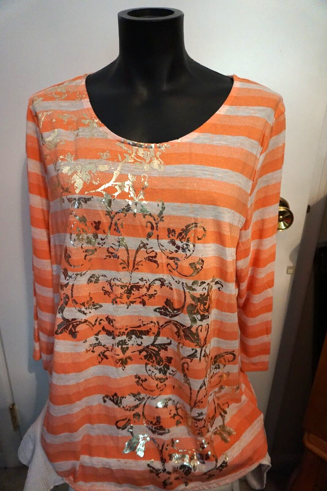 Chicos Oranges Striped Pattern Gold Metallic Deta… - image 1