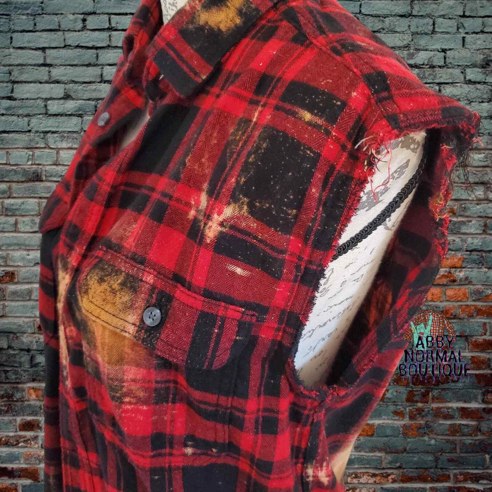 Custom Punk Skull Sleeveless Flannel Shirt Vest Cutoff, Red Black Small