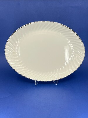 1960s Scio USA White Platinum Swirl Serving Platter 13'' x 10'' Large Dish MCM