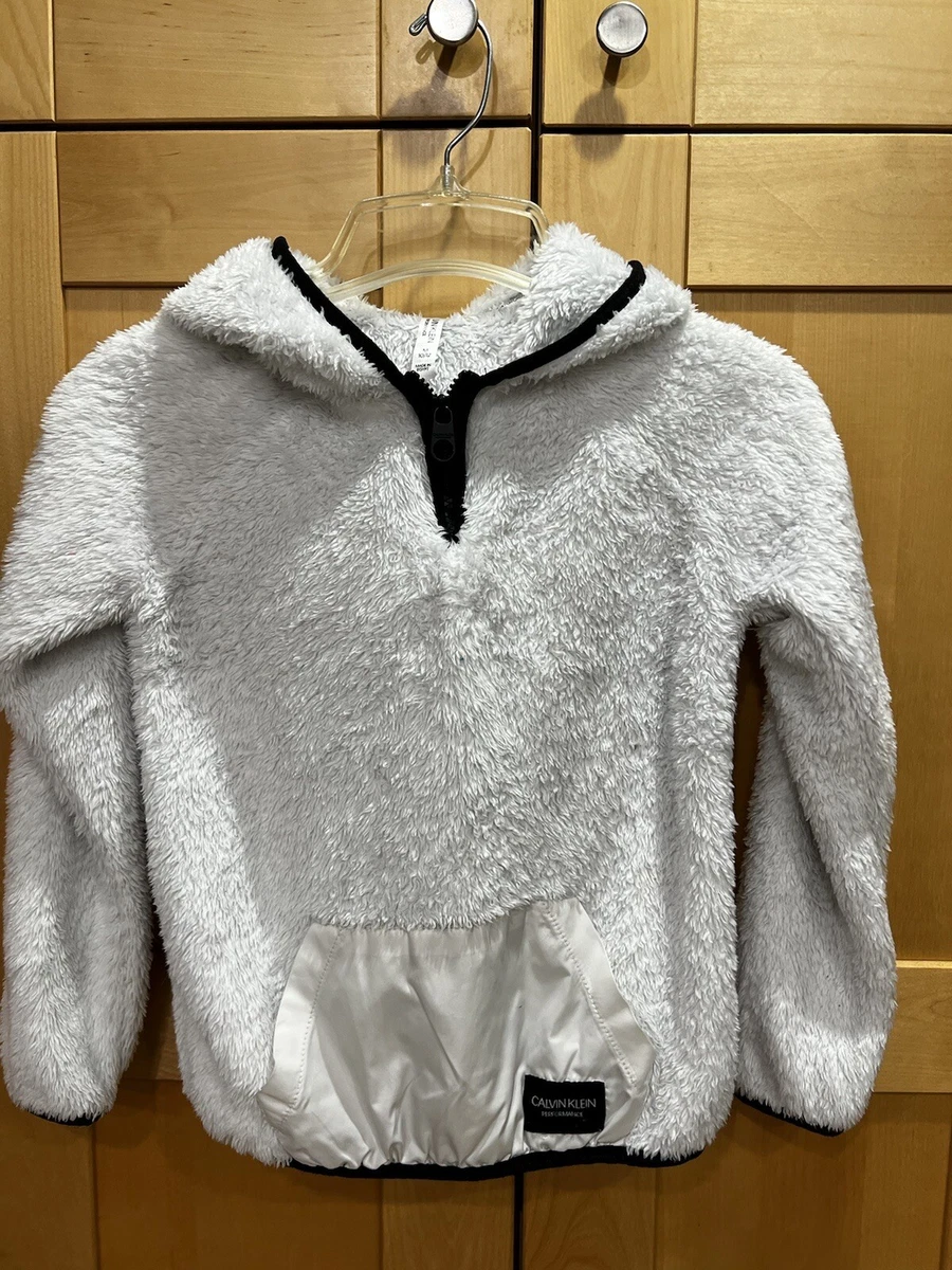 Calvin Klein jacket girls M 10 12 white fuzzy black trim 1 4 zip