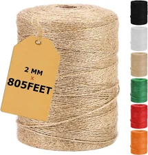 805FT Natural Jute Twine String, Bulk Hemp Jute Rope Cord Twine for Crafts Ga...