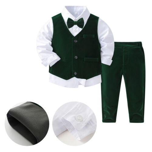 Boys Velvet Gentleman Suit Formal Shirt with Bowtie Vest and Long Pants Suit - Picture 1 of 20