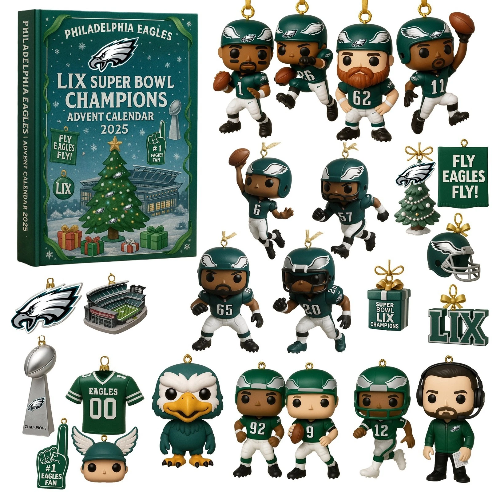 Eagles Super Bowl Champions LIX ADVENT CALENDAR 2025 Acrylic Ornaments 24 Days