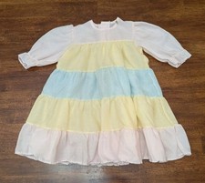 Vintage Pastel Rainbow Baby Dress 3M Ruffles Long Sleeve Cotton Lightweight